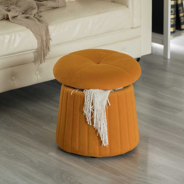 Modern Tufted Velvet Mushroom Shape Storage Ottoman Storage Stool Trunk, Mustard Yellow